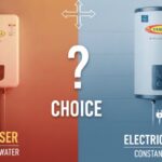 Side-by-side comparison image of a modern Gas Water Heater and an Electric Water Heater.
