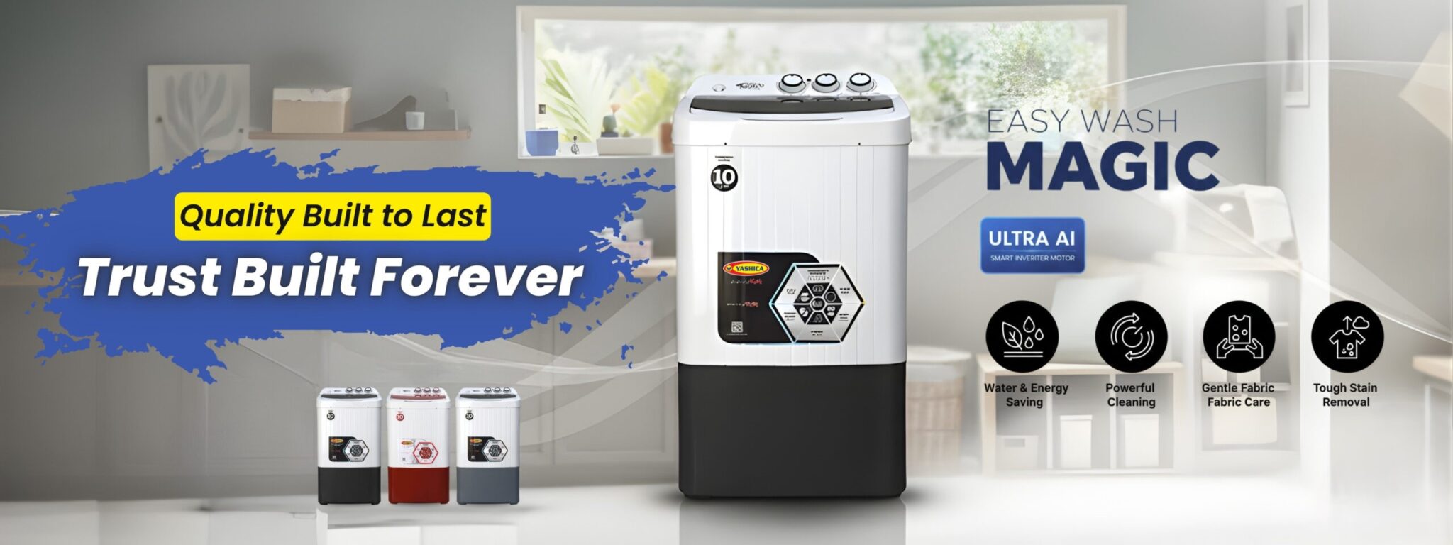 Yashica top load washing machine banner featuring the Easy Wash Magic series with Ultra AI Smart Inverter Motor. Highlights include water and energy saving, powerful cleaning, gentle fabric care, and tough stain removal.