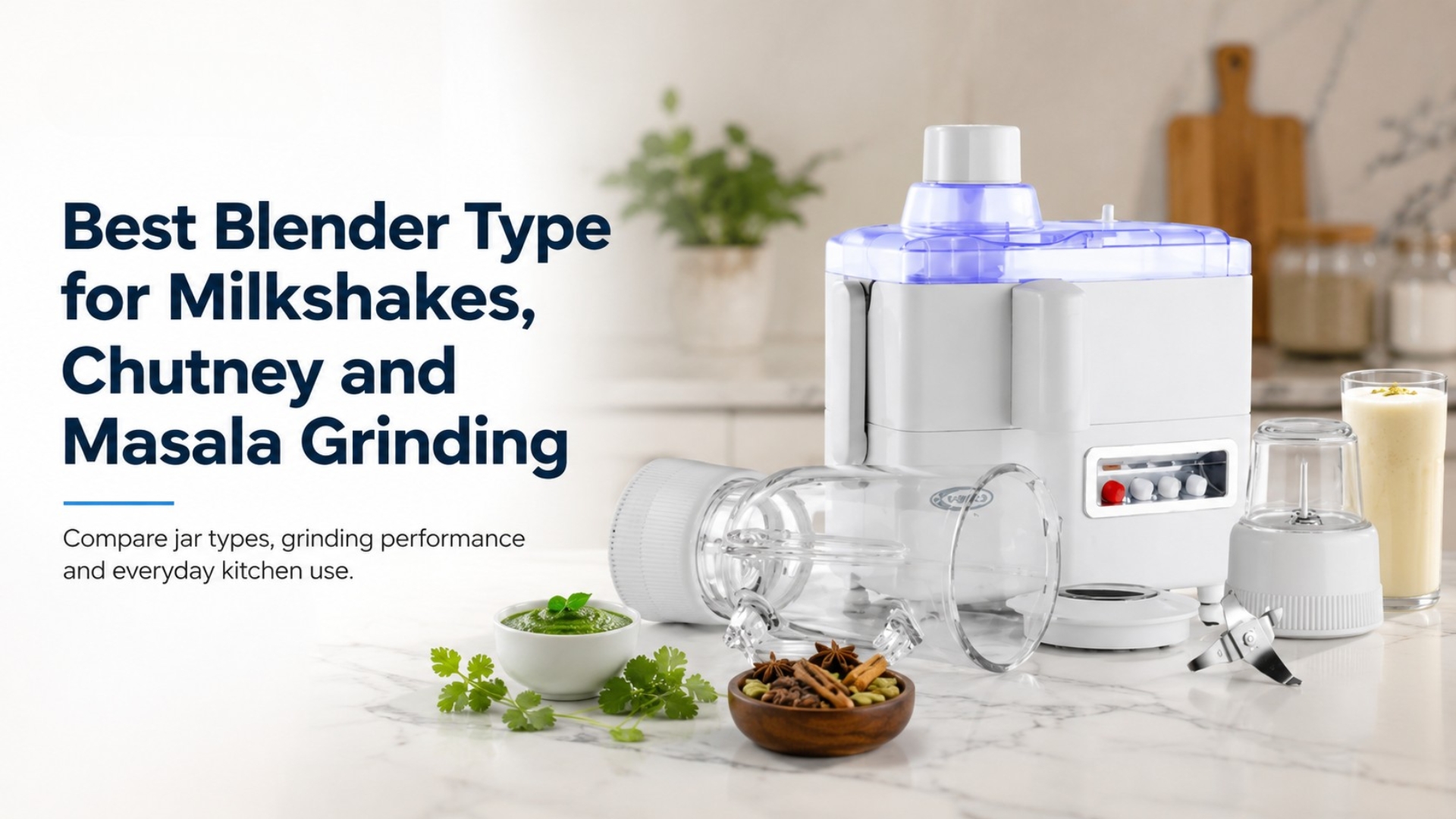 A versatile blender set displayed with various attachments, prepared food items like chutney, and a milkshake on a kitchen counter, serving as a guide for selecting the best blender type.