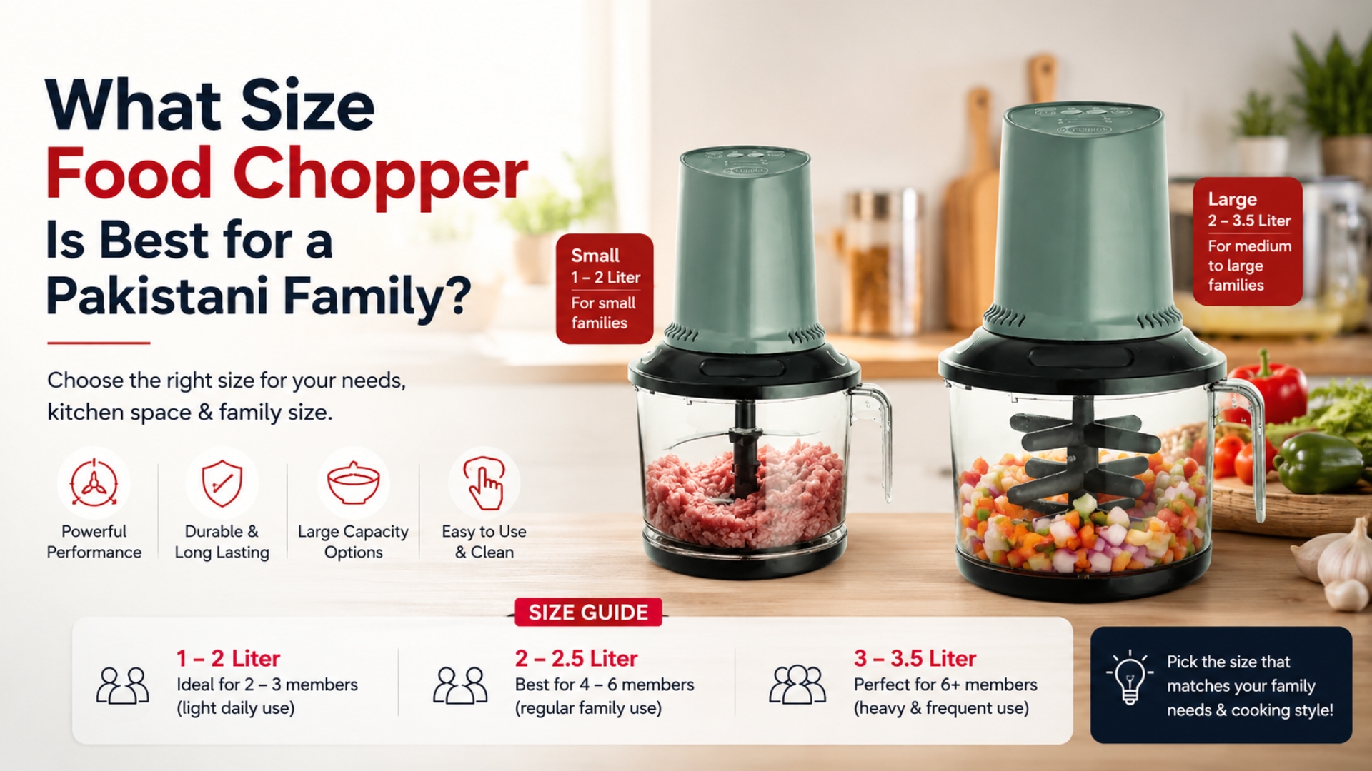 Two food choppers of different sizes displayed on a kitchen counter, serving as a size guide to help Pakistani families choose the best capacity for their cooking needs.