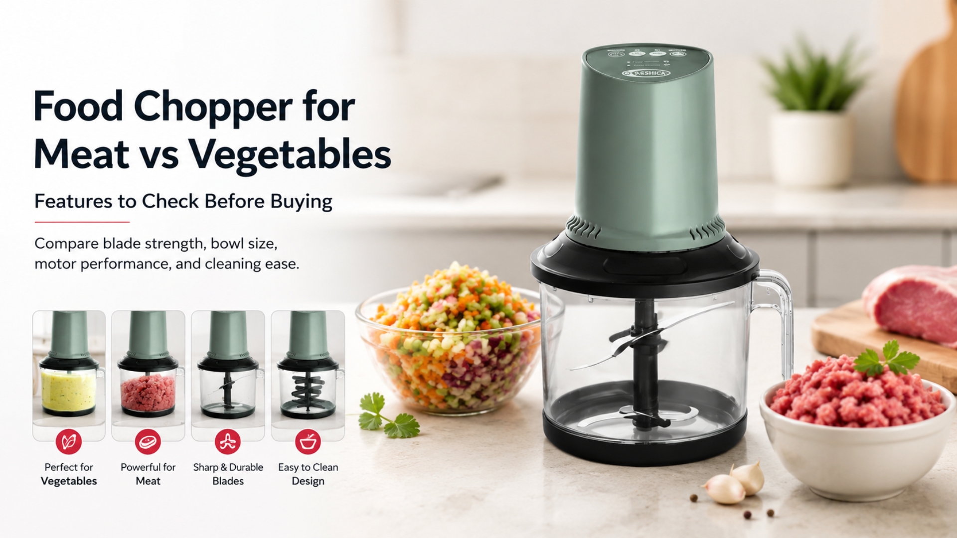A Yashica food chopper shown with prepared vegetables and ground meat, serving as a guide to compare features like blade strength, bowl size, and motor performance before buying.