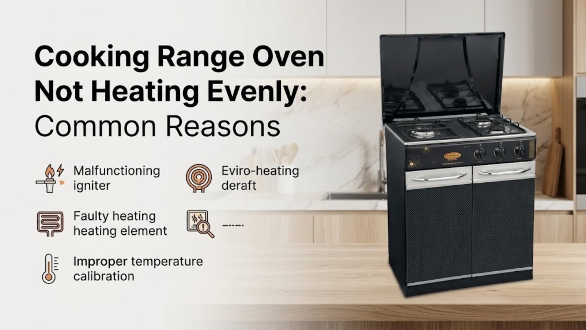 A cooking range oven shown on a kitchen counter, with an infographic highlighting common reasons for uneven heating, such as a malfunctioning igniter, faulty heating element, and improper temperature calibration.