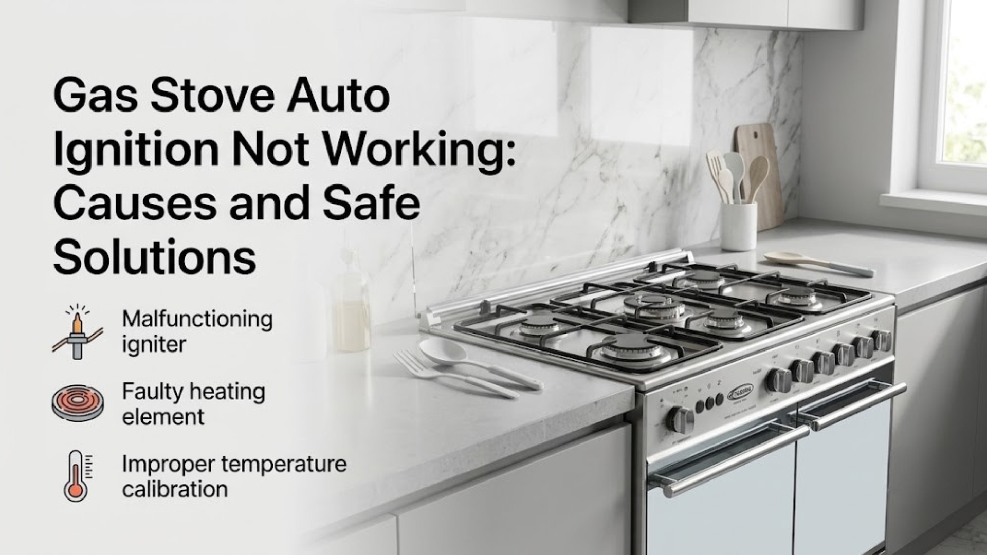 A modern kitchen gas stove with an infographic listing common causes for auto-ignition failure, including a malfunctioning igniter, faulty heating element, and improper temperature calibration.