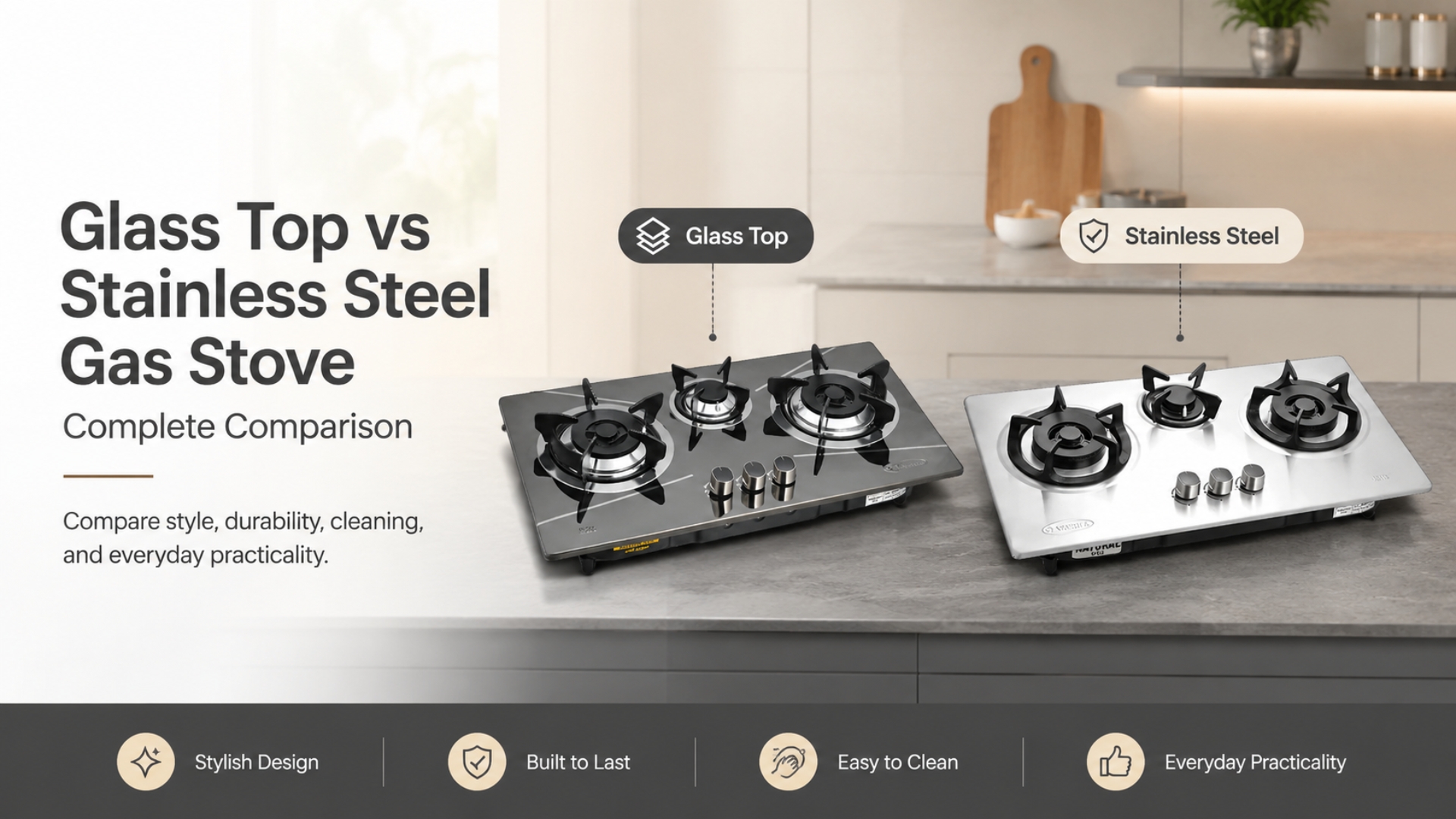 A side-by-side comparison of a glass top gas stove and a stainless steel gas stove displayed on a kitchen counter to highlight differences in design and material.