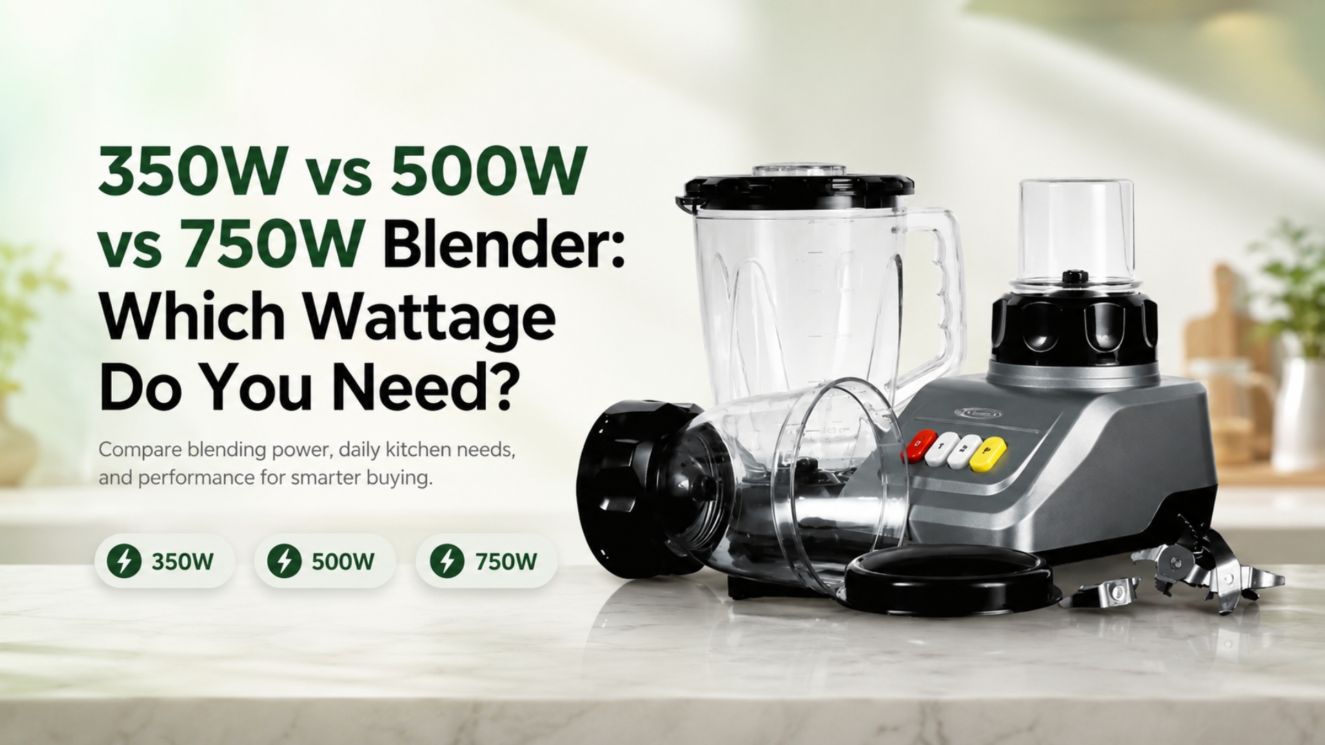 A versatile blender with multiple attachments displayed on a marble countertop, illustrating a comparison of 350W, 500W, and 750W options for kitchen use