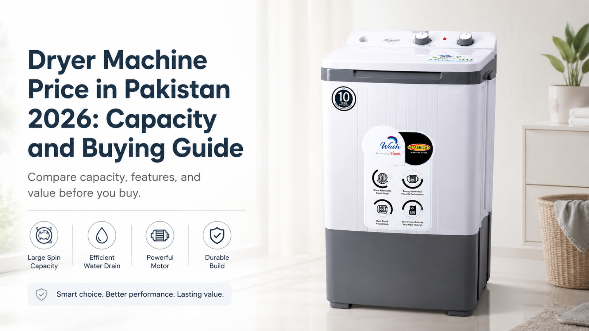A Yashica dryer machine featuring a durable build, efficient water drain, and powerful motor, presented as part of a 2026 buying guide for Pakistani consumers.