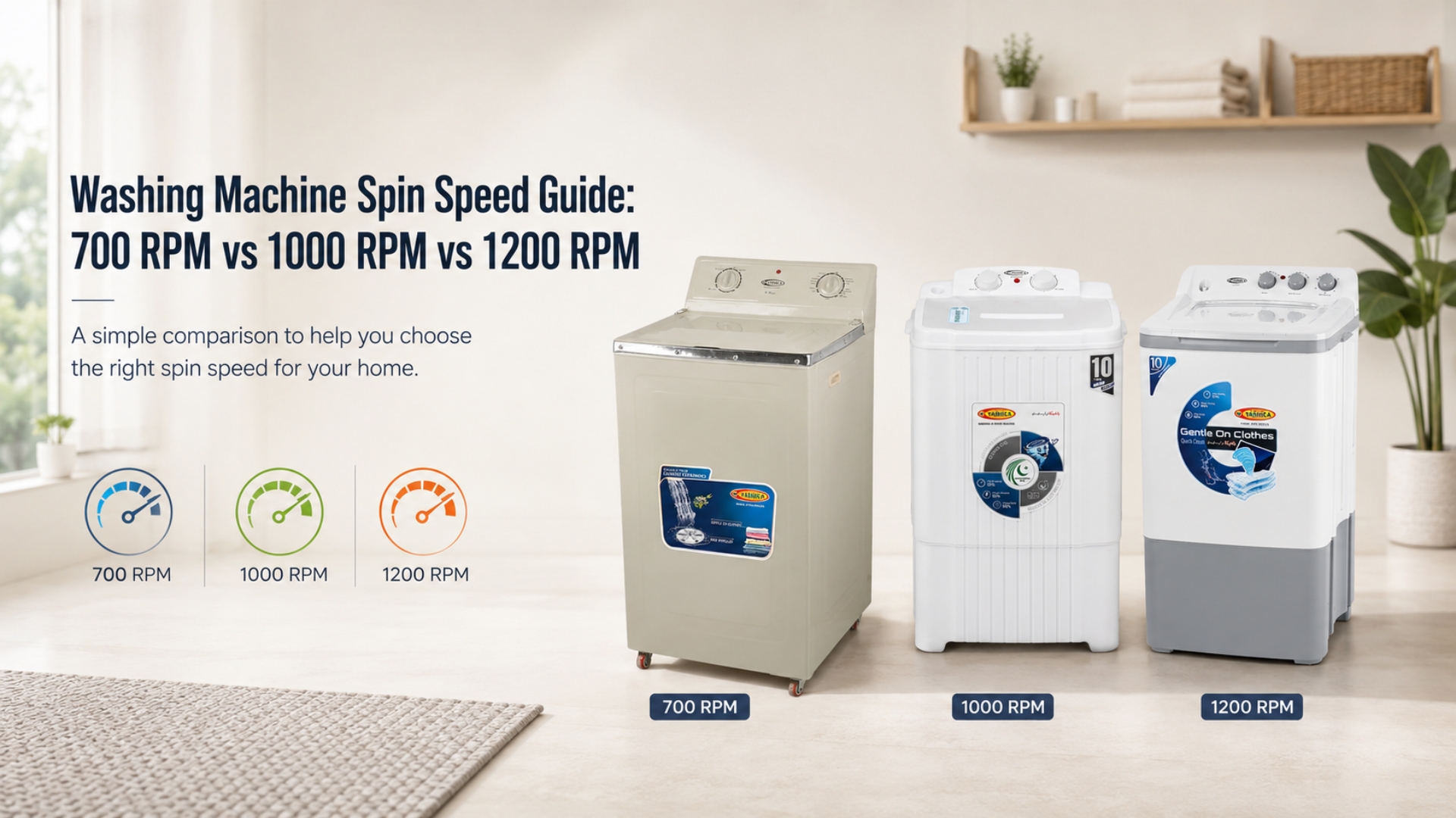 Washing Machine Spin Speed Guide: 700 RPM vs 1000 RPM vs 1200 RPM. A simple comparison to help you choose the right spin speed for your home.