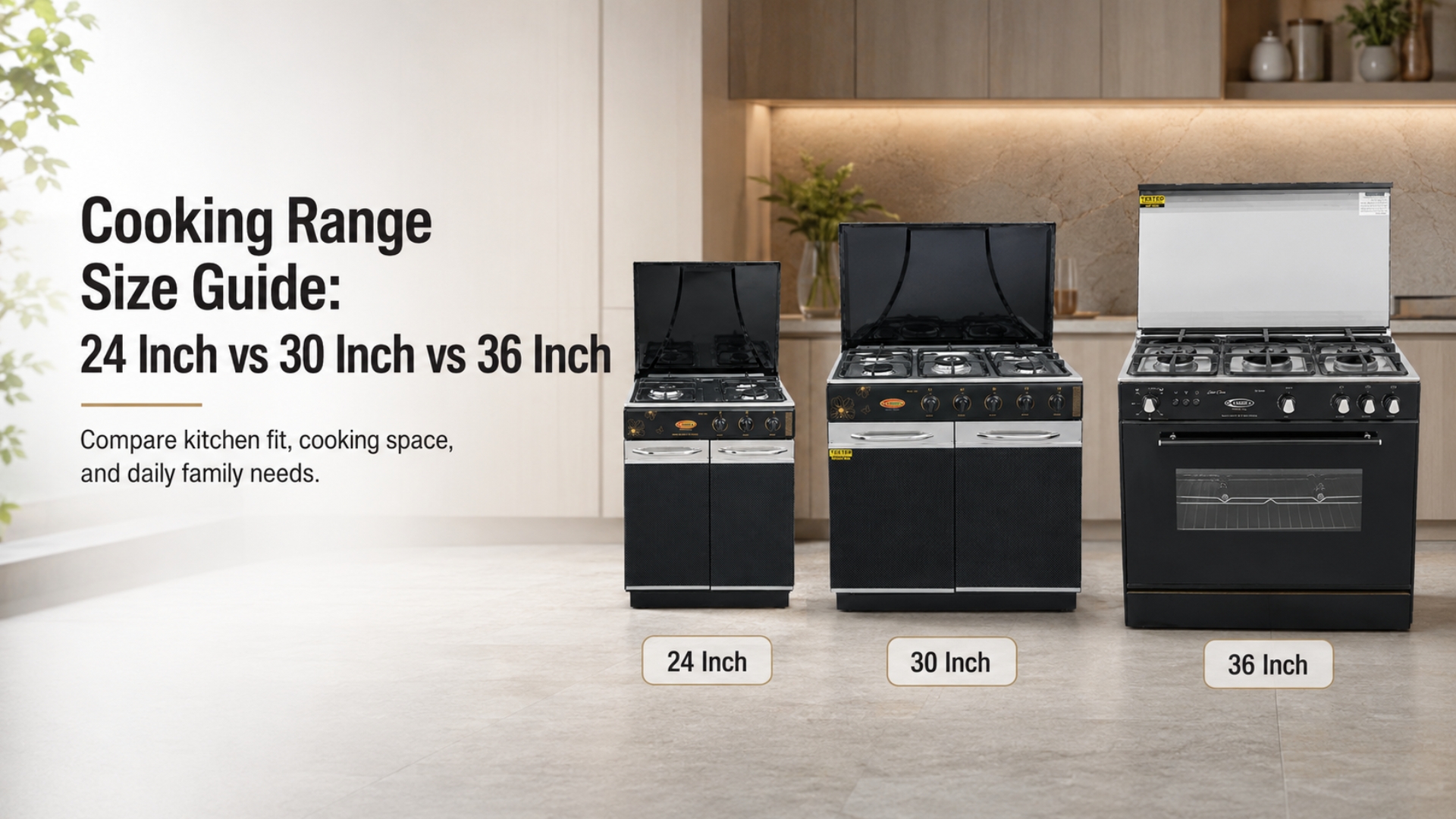 Cooking Range Size Guide: 24 Inch vs 30 Inch vs 36 Inch. Compare kitchen fit, cooking space, and daily family needs.